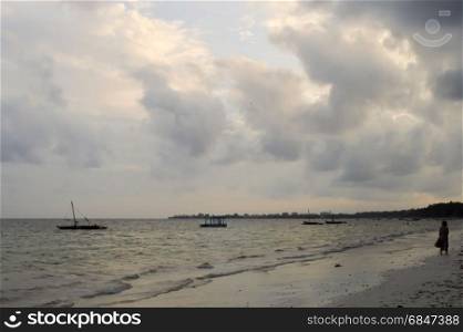 View of the beach and ocean . View of the beach and ocean at sunrise in Bamburi, Kenya