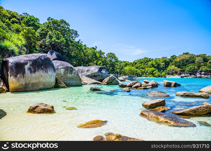 View of the beach with the rock in Boulder Island or Nga Khin Nyo Island, Myanmar