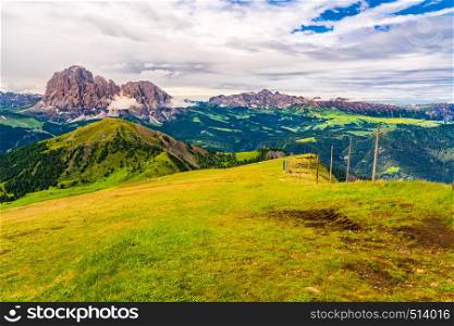 View of the beautiful Dolomites in summer sunny day at the Secada Peak in South Tyrol, Italy