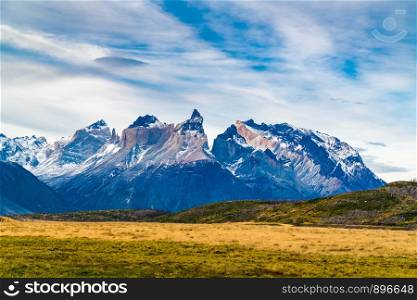 View of the beautiful mountain and large pasture at Torres del Paine National Park in Chile