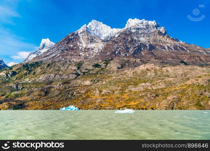 View of the beautiful snow mountain with Iceberg break off the Grey Glacier floating in Grey Lake at Torres del Paine National Park in Chile