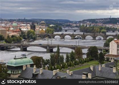 view of the bridges of the Vltava in Prague