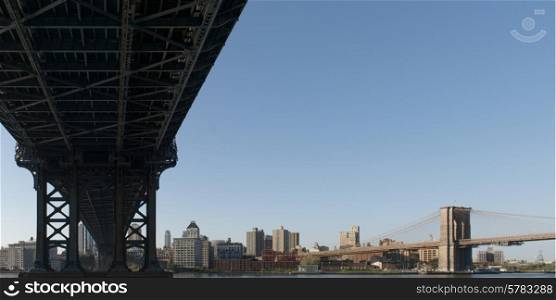 View of the Brooklyn Bridge from under the Manhattan Bridge, Manhattan, New York City, New York State, USA