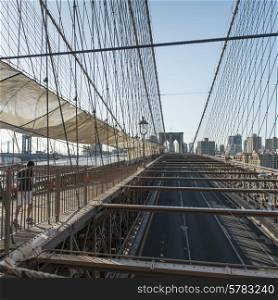 View of the Brooklyn Bridge with buildings in the background, Manhattan, New York City, New York State, USA