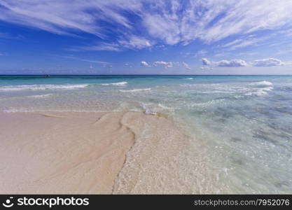 View of the Caribbean beach with crystal clear water.. View of Caribbean Beach.