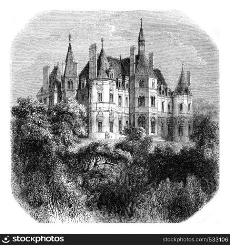 View of the castle Boursault, vintage engraved illustration. Magasin Pittoresque 1852.