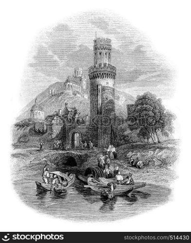 View of the castle Oberwesel on the Rhine, vintage engraved illustration. Magasin Pittoresque 1844.