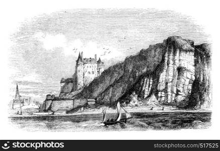 View of the castle of Dieppe Seine Bottom, vintage engraved illustration. Magasin Pittoresque 1845.