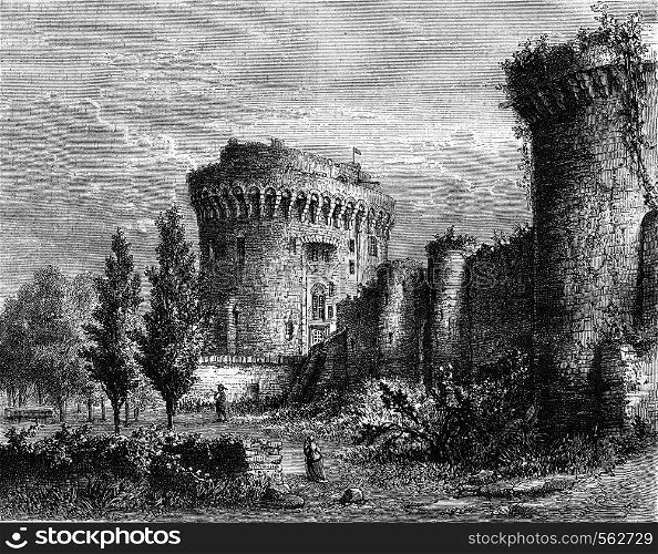 View of the Castle of Dinan, vintage engraved illustration. Magasin Pittoresque 1869.