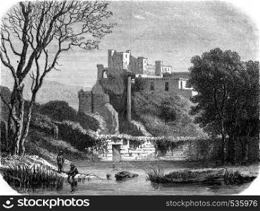 View of the castle of La Barben, vintage engraved illustration. Magasin Pittoresque 1857.