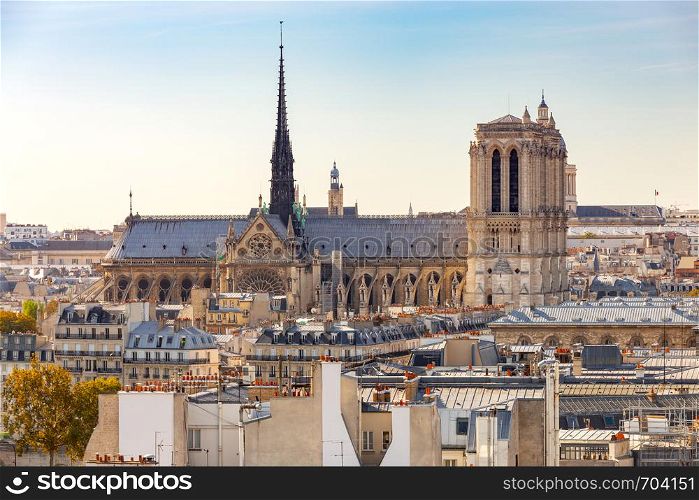 View of the Cathedral of Notre Dame in the morning. Paris. France.. Paris. Scenic aerial view of Notre Dame Cathedral.