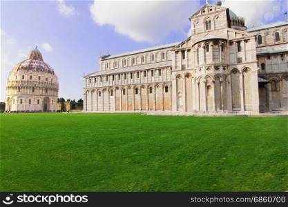 View of the Cathedral of Pisa on a sunny day in Pisa, Italy.