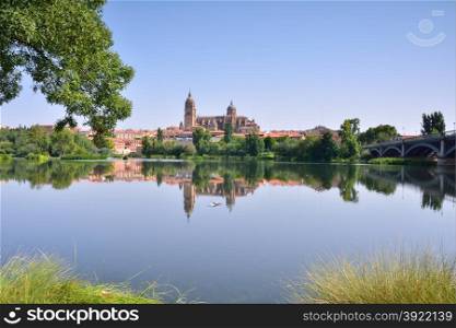 View of the Cathedral of Salamanca from the river Tormes