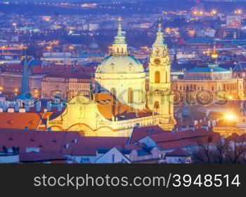 View of the Cathedral of St. Nicholas in Prague at night.. Prague. Cathedral of St. Nicholas.