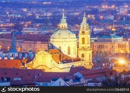 View of the Cathedral of St. Nicholas in Prague at night.. Prague. Cathedral of St. Nicholas.