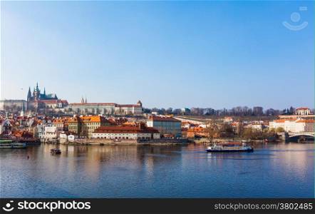 View of the Cathedral of St. Vitus, the Vltava River, Prague, Czech Republic.