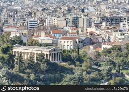 View of the centre of Athens as seen from Areopagus or Mars Hill with the temple of Hephaistos (also known as Thissio or Theseion) as the focal point, Greece.