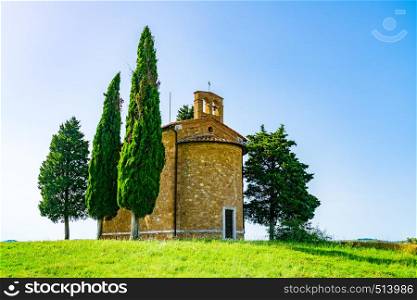 View of The Chapel of The Madonna di Vitaleta or The Cappella della Madonna di Vitaleta on the hill in the hilly Tuscany Field in Valdorcia Province of Siena Italy