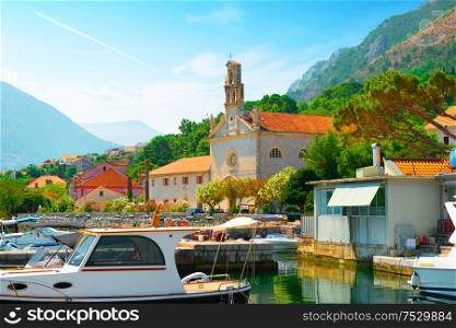 View Of The Church And Monastery Of St. Nicholas In Prcanj, Montenegro. Church of St Nicholas