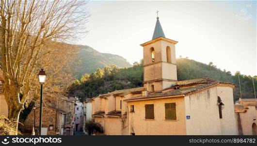View of the church of Saint Christophe in the small town of Mazaugues in the Var department, located at the eastern end of the Sainte-Baume massif, in the Provence region of France