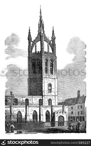 View of the Church of Saint-Nicolas, in Newcastle, vintage engraved illustration. Colorful History of England, 1837.