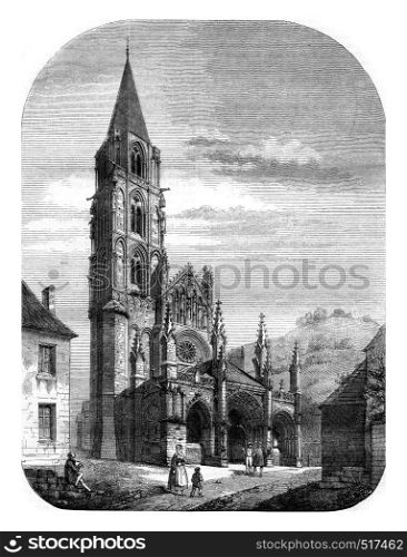 View of the church of Saint Pere, near Vezelay, vintage engraved illustration. Magasin Pittoresque 1845.
