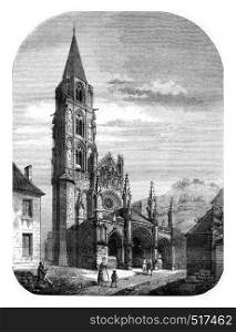 View of the church of Saint Pere, near Vezelay, vintage engraved illustration. Magasin Pittoresque 1845.