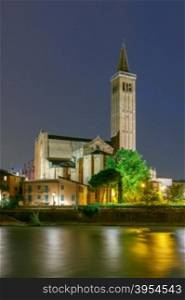 View of the Church of Santa Anastasia and the River Adige at night.. Verona. Church of Santa Anastasia.