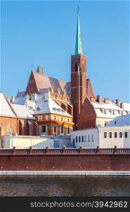 View of the Church of the Holy Cross, Island Tumski, Wroclaw, Poland.