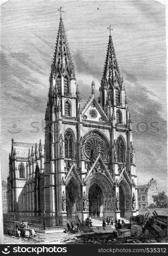 View of the church Sainte Clotilde and Sainte Valere, in Paris, vintage engraved illustration. Magasin Pittoresque 1857.