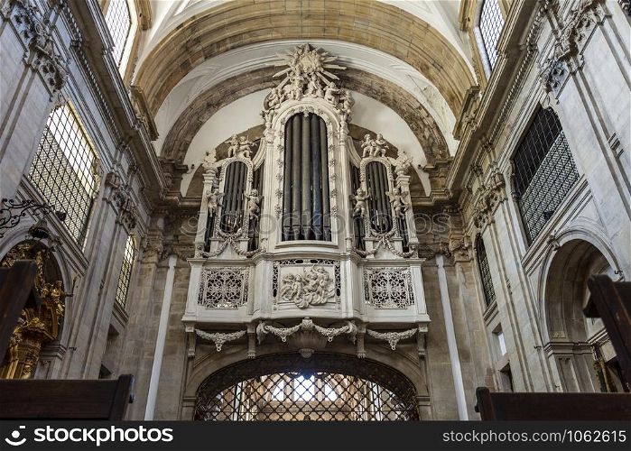 View of the church side of the dual face Baroque organ built in the 18th century in the Church of the Monastery of Saint Mary of Lorvao, Coimbra, Portugal