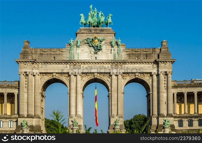 "View of the Cinquantenaire Arch constructed in 1905, located in the Cinquantenaire Park(French for "Fiftieth Anniversary"), in the European Quarter in Brussels, Belgium"