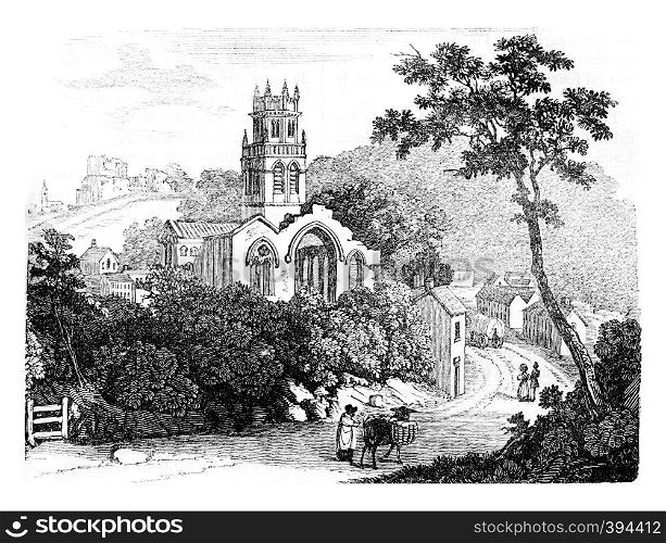 View of the city and castle ruins Pontefract, vintage engraved illustration. Colorful History of England, 1837.