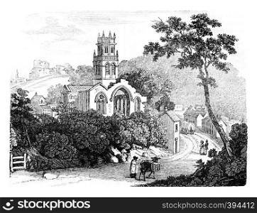 View of the city and castle ruins Pontefract, vintage engraved illustration. Colorful History of England, 1837.