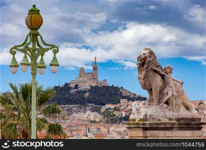 View of the city and the Cathedral of Notre Dame de la Garde on a sunny day. Marseilles. France.. Marseilles. Notre Dame de la Garde Cathedral on a sunny day.