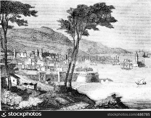 View of the city and the port of Barcelona, vintage engraved illustration. Magasin Pittoresque 1836.