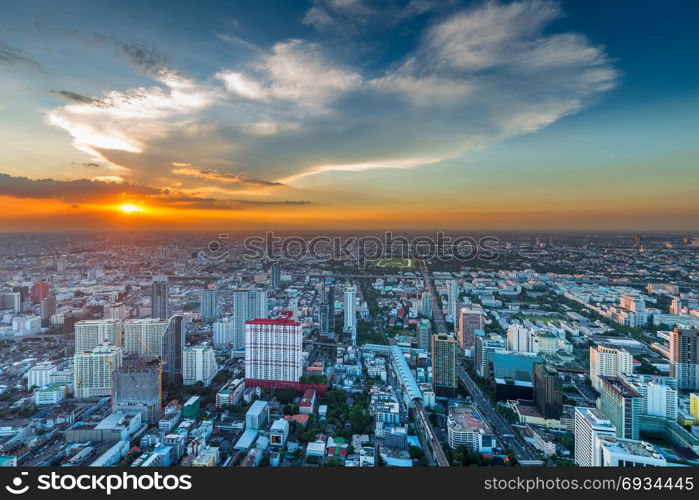 view of the city from a bird&rsquo;s flight. Bangkok at sunset, view from above