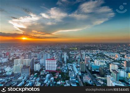 view of the city from a bird&rsquo;s flight. Bangkok at sunset, view from above