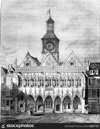 View of the City Hall of Saint Quentin, Aisne department, vintage engraved illustration. Magasin Pittoresque 1836.