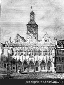 View of the City Hall of Saint Quentin, Aisne department, vintage engraved illustration. Magasin Pittoresque 1836.