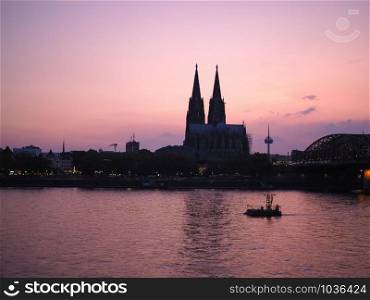 View of the city in Koeln, Germany From The River At Night. View of Koeln