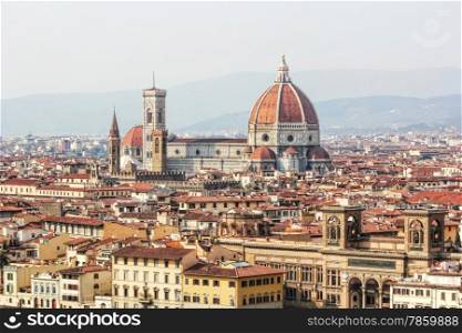 View of the city of Florence from Piazzale Michelangelo with focus on Duomo or cathedral Santa Maria del Fiore and Giotto&rsquo;s Campanile.