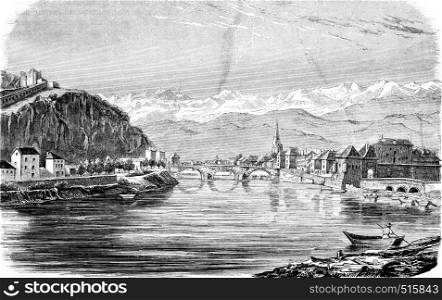 View of the city of Grenoble, vintage engraved illustration. Magasin Pittoresque 1844.