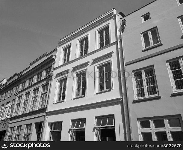 View of the city of Luebeck bw. View of the city of Lubeck of Luebeck, Germany in black and white