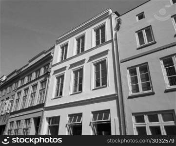 View of the city of Luebeck bw. View of the city of Lubeck of Luebeck, Germany in black and white