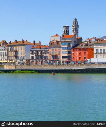View of the city of Macon with Saone river in Burgundy, France