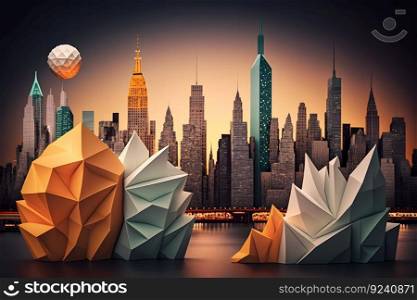 View of the city of New York from paper in the sty≤of origami. Neural≠twork AI≥≠rated art. View of the city of New York from paper in the sty≤of origami. Neural≠twork AI≥≠rated