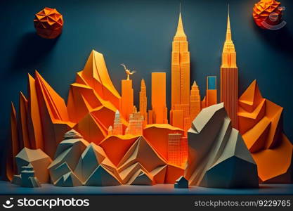 View of the city of New York from paper in the style of origami. Neural network AI generated art. View of the city of New York from paper in the style of origami. Neural network AI generated