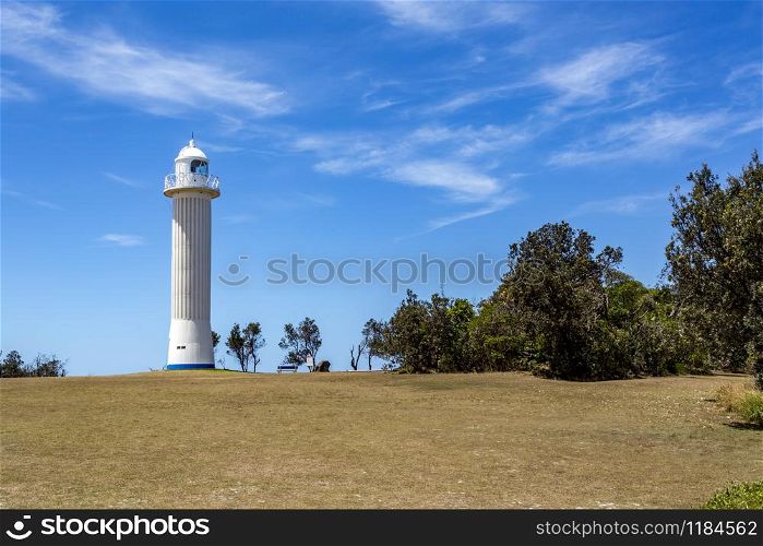 View of the Clarence River Lighthouse, built in 1955 at the mouth of the Clarence River in Yamba, Northern Coast of NSW, Australia