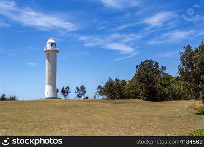 View of the Clarence River Lighthouse, built in 1955 at the mouth of the Clarence River in Yamba, Northern Coast of NSW, Australia